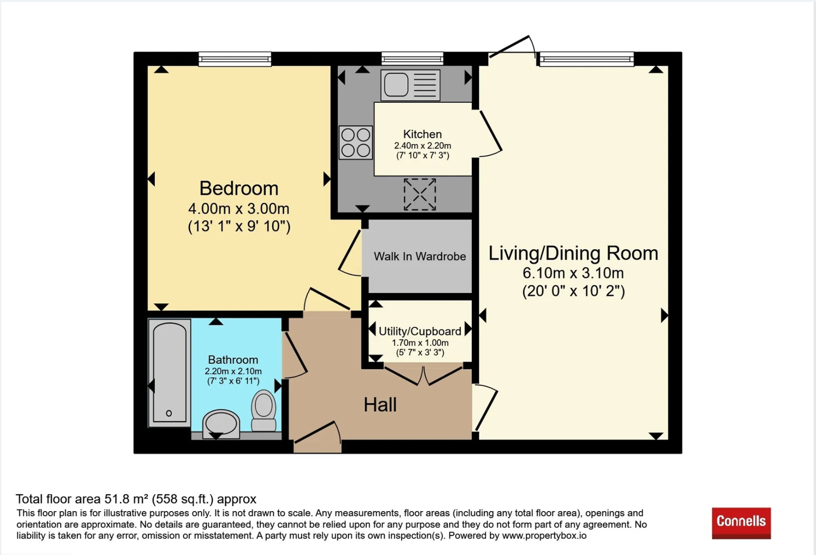 Floorplan of 10 Uplands Place showing hall, lounge/diner, kitchen, bedroom with walk-in wardrobe and shower room